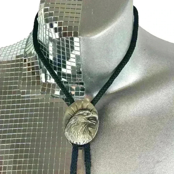 Boho Southwestern Black Bolo Tie - Silver Metal Eagle Head, Retro Cowboy Style - Picture 6 of 11